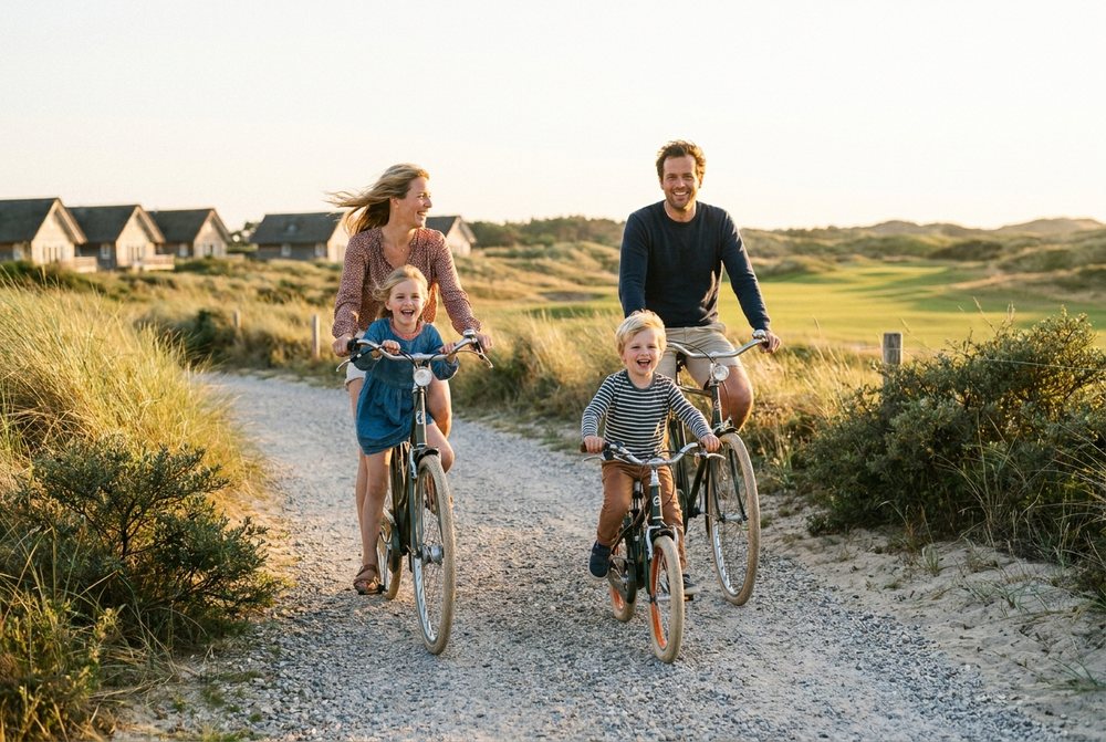 Gezin fietst door de duinen