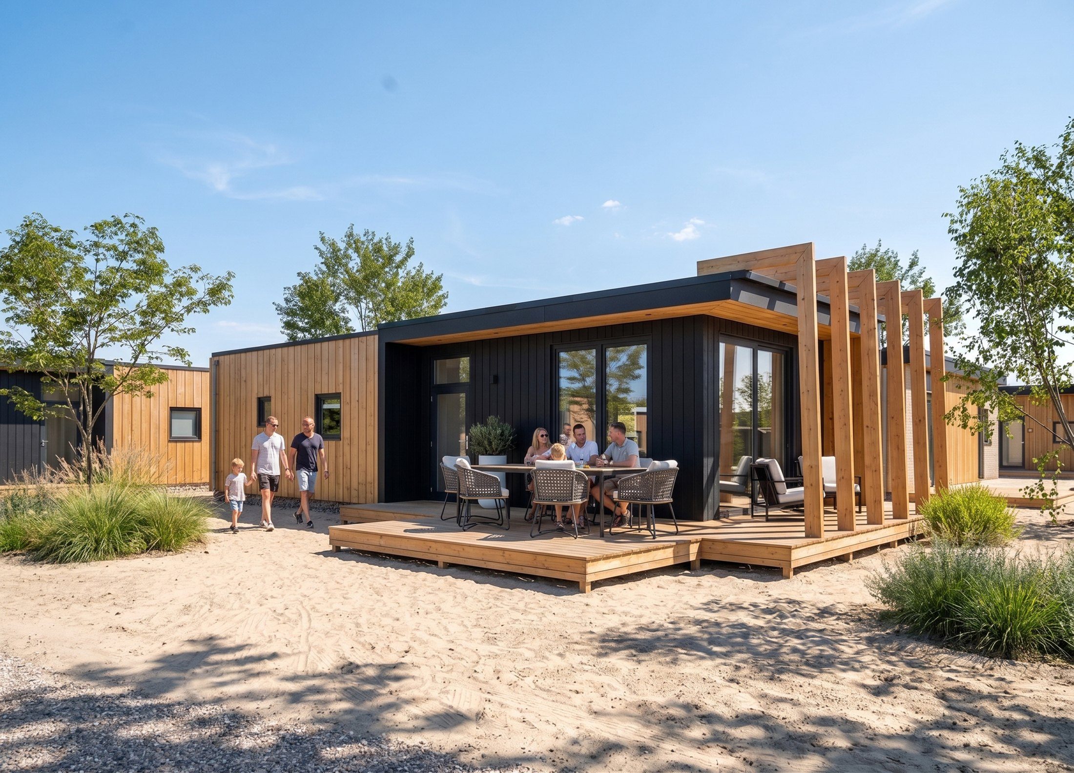 Houten lodge met terras en pergola in West Golf Village
