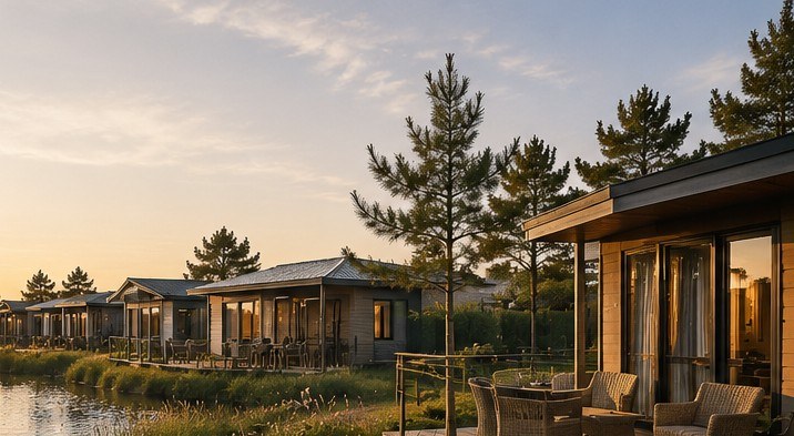 Lodges aan het water bij avond