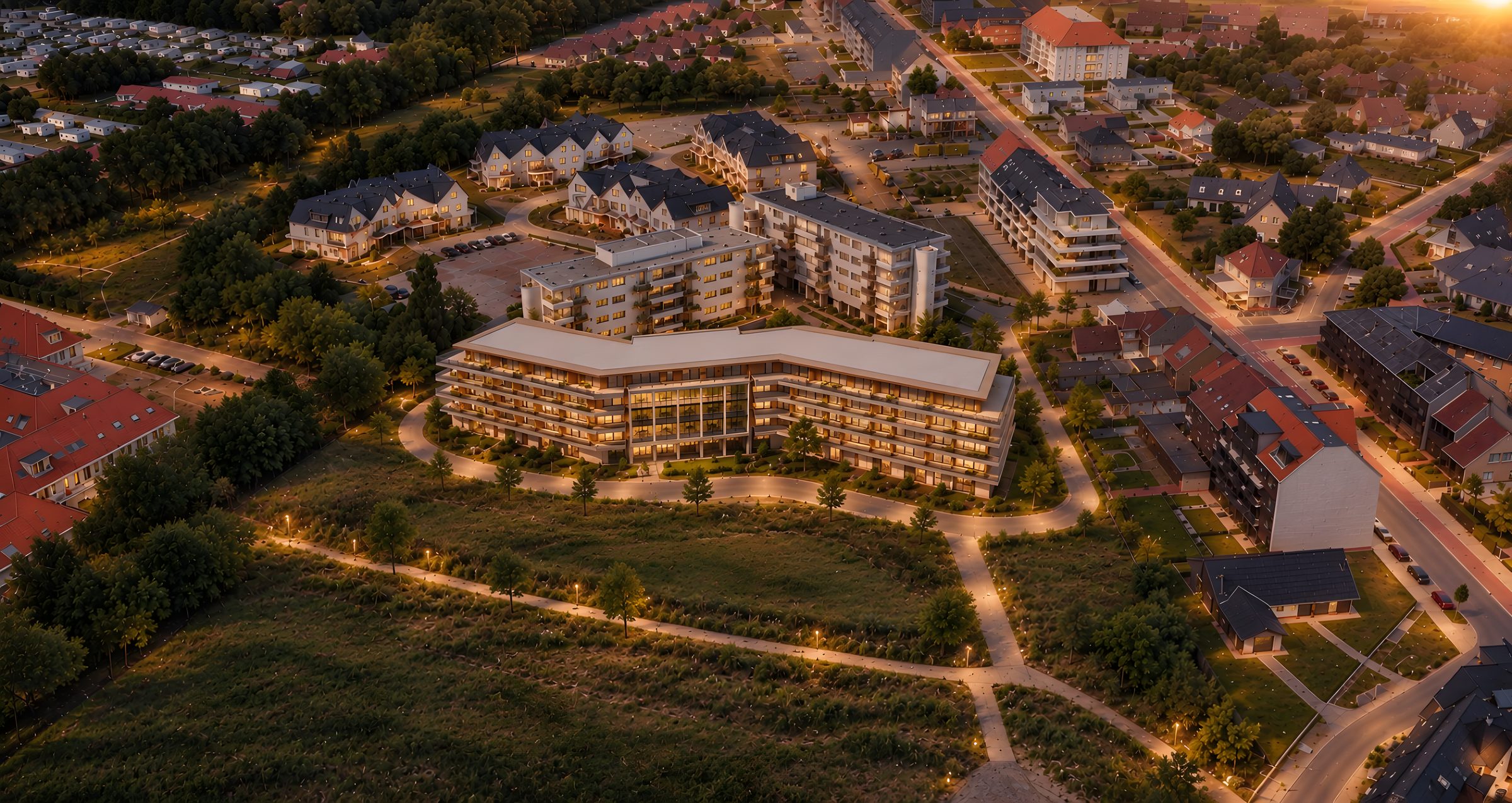 Luchtbeeld van het voorontwerp van The Bay House op het West Bay-domein bij zonsondergang