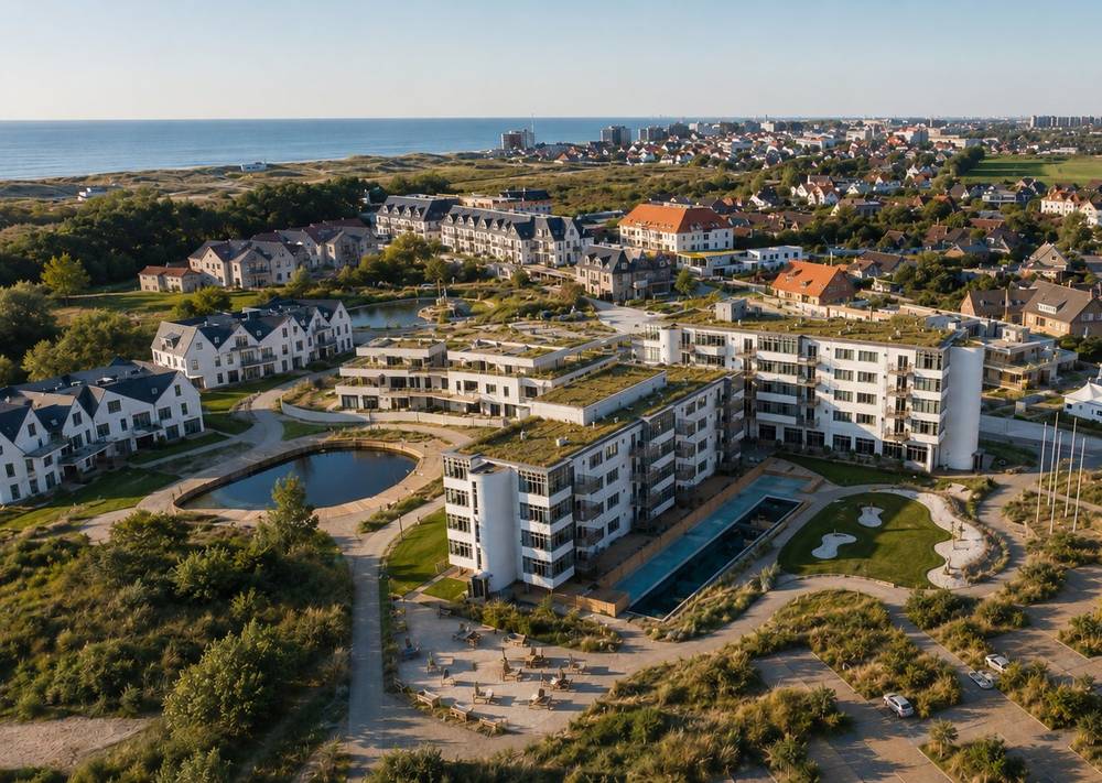 Luchtfoto van Hotel Westbay met buitenzwembad