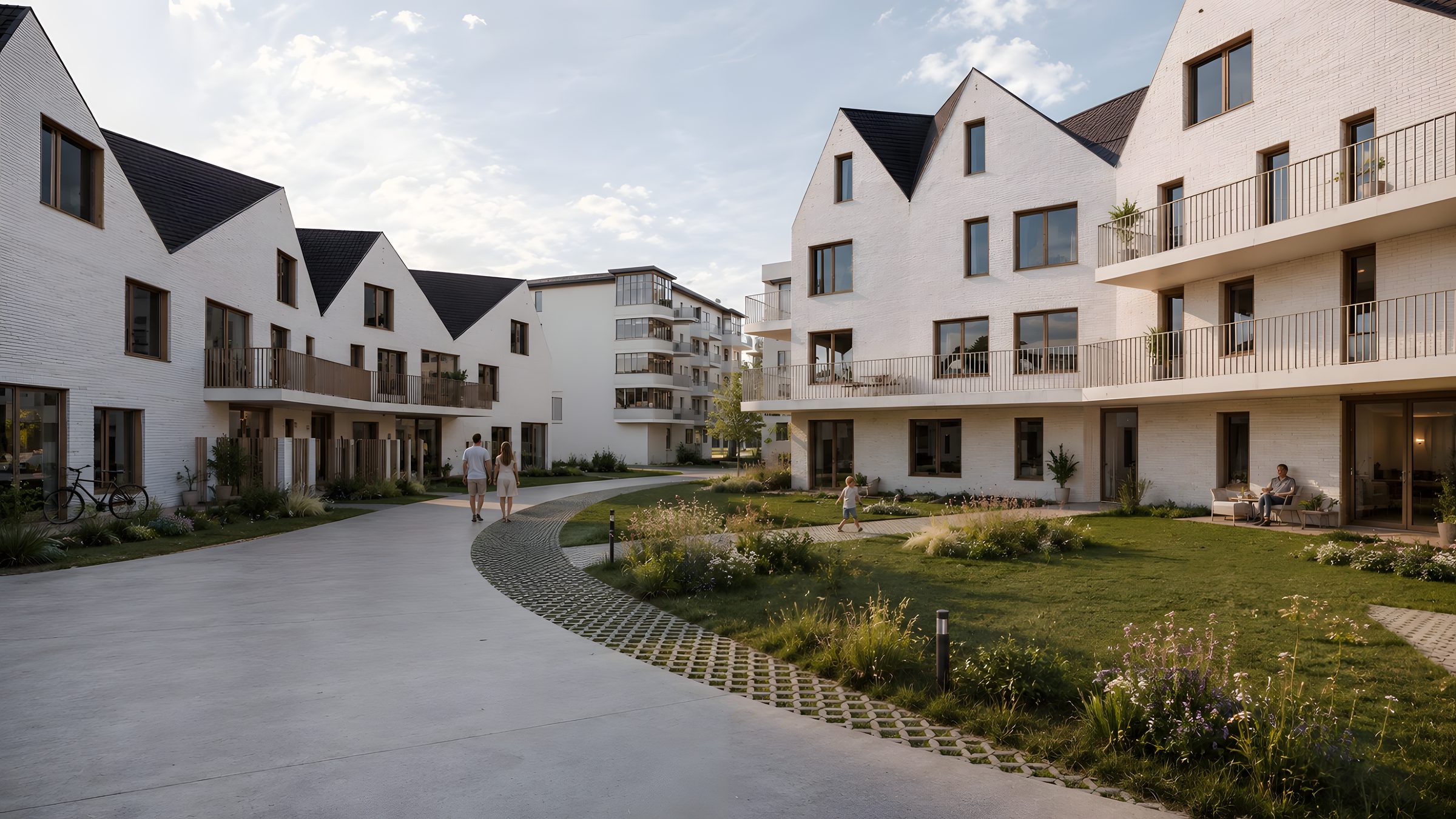 Render van gebouw 4F op het West Bay-domein in Westende: witte gevels, zadeldaken en terrassen aan de duinen