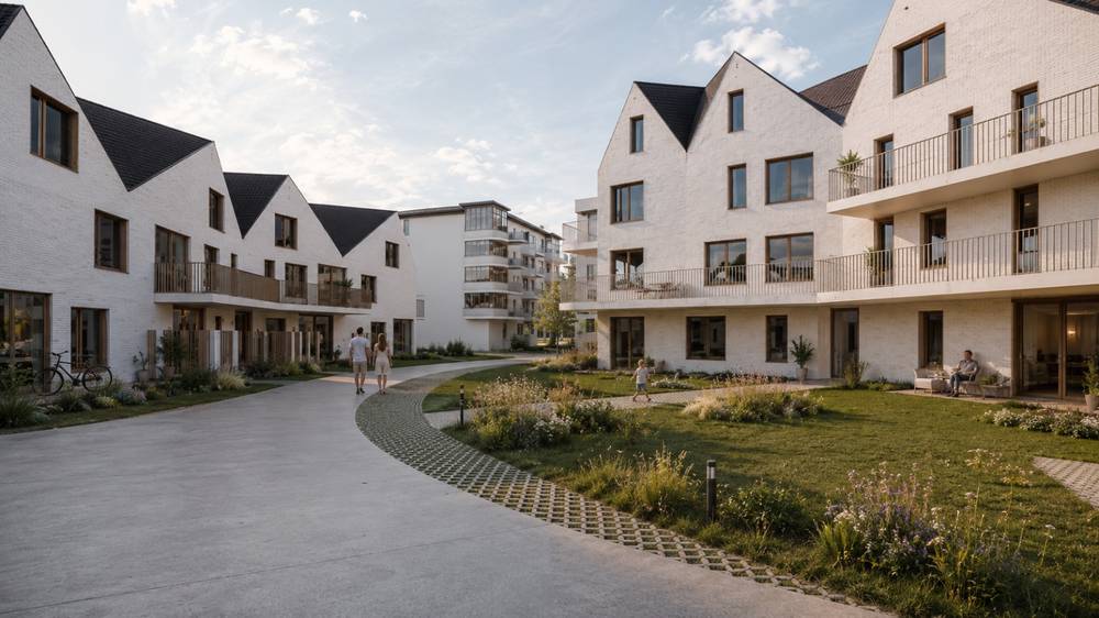 Render van gebouw 4F op het West Bay-domein