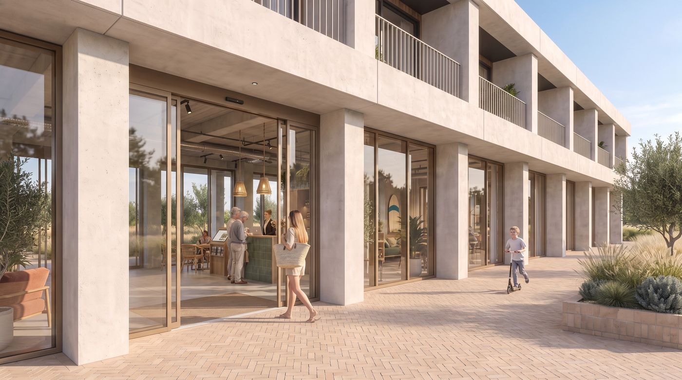 Sfeerbeeld van de glazen entree van The Bay House, de ontvangst van Westend Resort