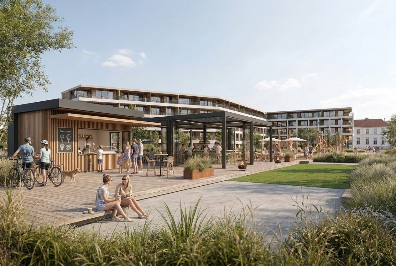 Sfeerbeeld van de kiosk met ijs en wafels op The Bay Square