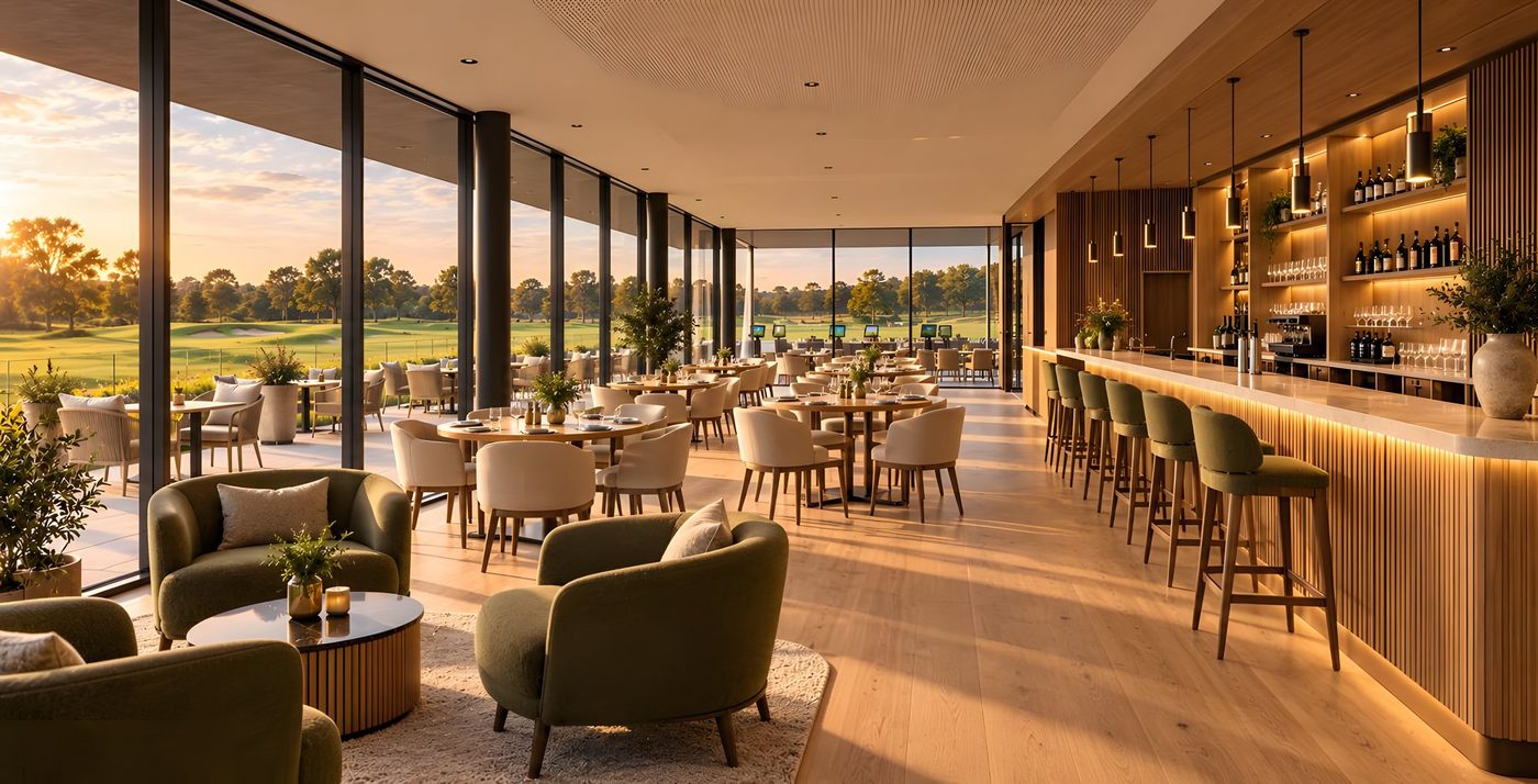 Visualisatie van de brasserie en bar in het nieuwe clubhuis van Westgolf, met zicht op de baan
