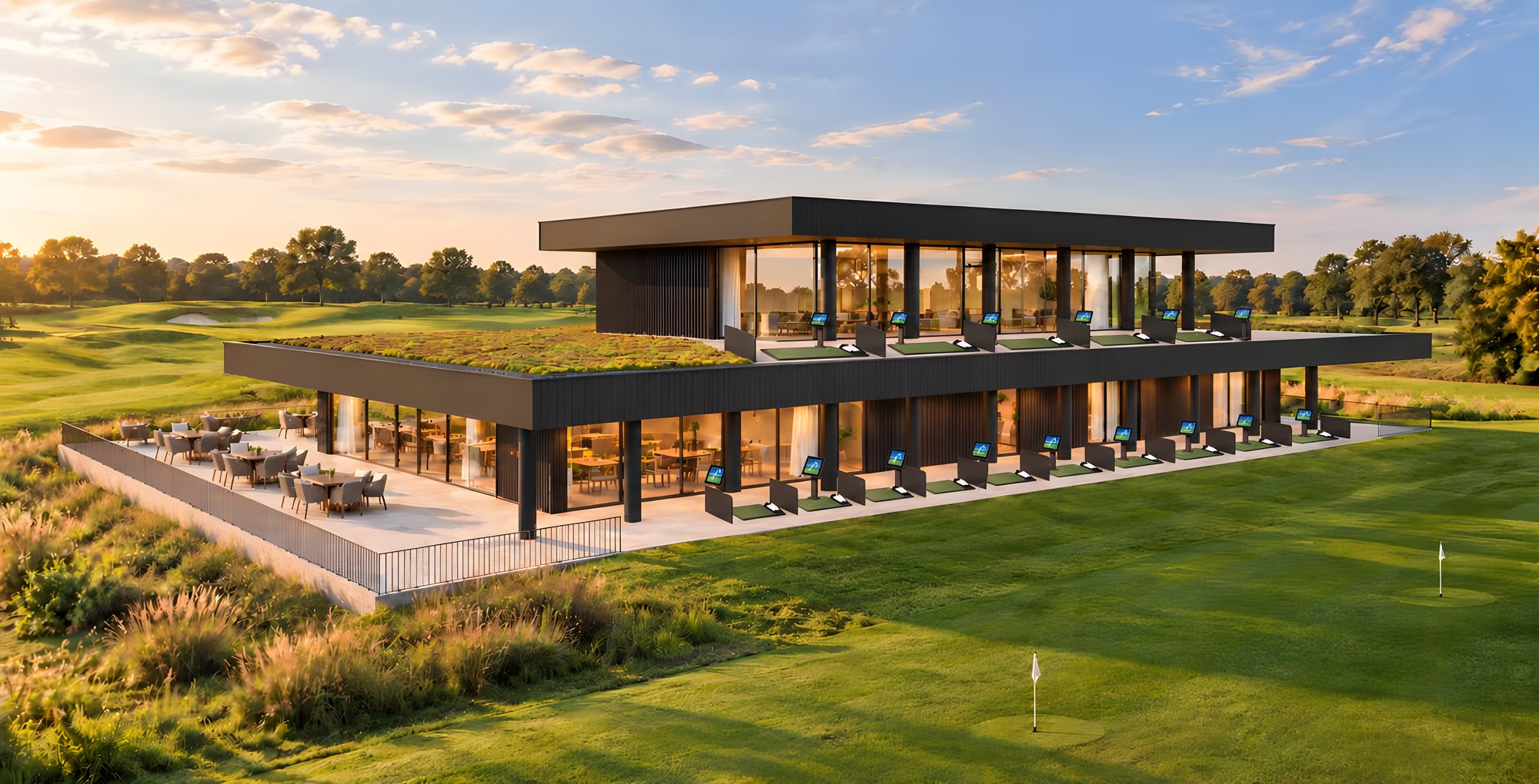 Visualisatie van het nieuwe clubhuis van Westgolf bij avondlicht: twee bouwlagen in zwart hout en glas, groen dak en overdekte afslagplaatsen aan de baan